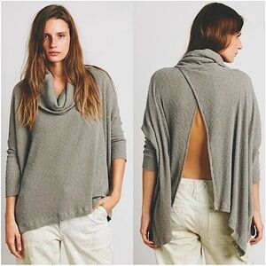 FREE PEOPLE BEACH World Traveler Waffle Knit Turtleneck Open Back Army Green